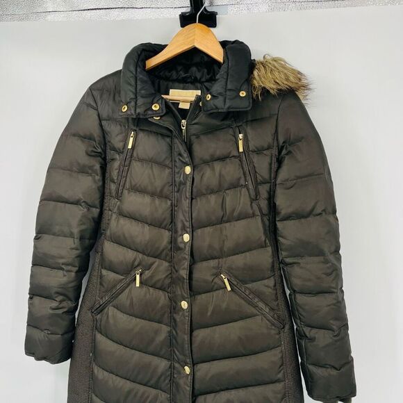 Michael Kors Gunmetal Faux-Fur-Trim Hooded Chevron Down Puffer Parka Coat Small - Picture 3 of 10